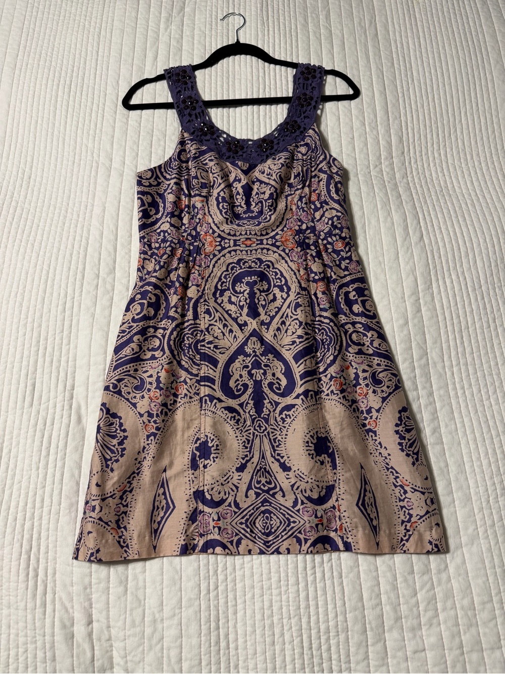Free People Purple Paisley Boho Beaded Neck Sleeveless A-line Dress | Cotton